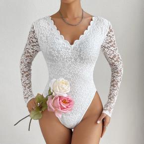 High Stretchy Lace Fabric Bodysuit V Neck Long Sleeve Sexy Bodysuit for Women