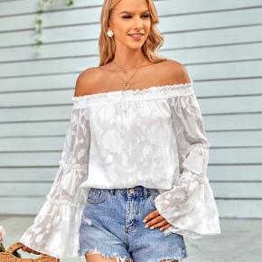 Women's Jacquard Shirt Sexy Off Shoulder Bell Long Sleeves Smocking Casual Chiffon Blouses