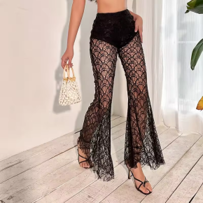 Hot Trendy Bodycon Trousers Mesh Lace Sexy Club Tight Pants Women Sheer Layer Skinny Bell-bottoms Pants