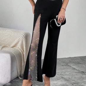 Women Solid Paneled Rhinestone Mesh Flared Pants