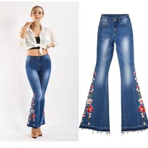 Customize Women Flare Jeans Lady Floral Pants High Waist Skinny Embroidery Pant Washing Blue Trousers