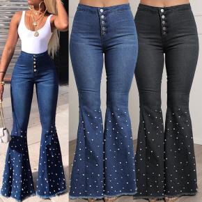 Frayed Edge High Fashion Rhinestone Washed Denim Jeans Custom flared sweatpants woman