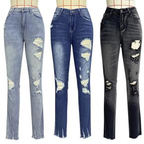 Vintage Design Distressed Fly Open Frayed Hem Ripped Knee Hole Stretch Denim Jeans For women