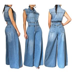 Women Formal Office Denim Overalls Jeans Jumpsuit Custom Belted Extra Long Wash Denim Jumpsuit