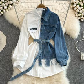 Women Patchwork Jeans Long Shirt Combined color denim Shirt Belted Jeans Shirt