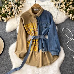 Women's Clothing Button Up Irregular Patchwork Jeans Long Combined Color Custom Belted Printed Jean Shirt