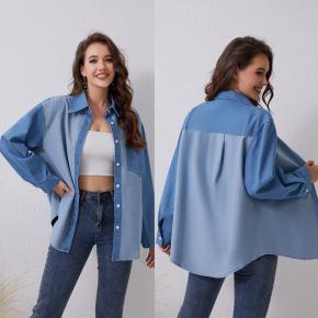 High Quality Custom Blouse Denim Patchwork Loose Long Denim Shirt For Women