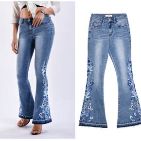 Women Embroidery Rhinestones Flared Denim Wide Leg Denim Pants High Waist Bell Bottoms