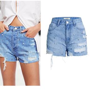 High Quality Custom Ripped Raw Hem Rhinestone Pearl Denim Jean Shorts