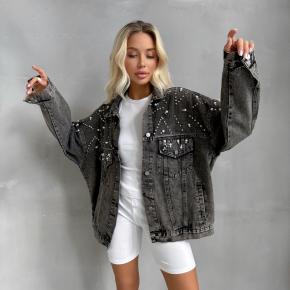 Custom Pearl Studded Denim Jacket Casual Beaded Pearl Long Sleeve Denim Long Jackets For Women