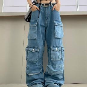 Women Loose Overall Denim Jeans Big Pockets Hip-hop Streetwear Zipper Button Trousers Long Pants Fashion Casual Jeans