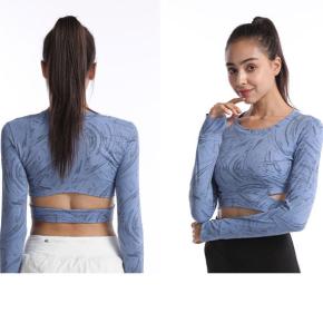 Printed Workout Long Sleeves Top Cross Hem Padded Push Up Sportswear Women Fitness Active Elastic Yoga Shirt