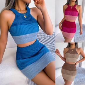 Custom Logo Sexy Summer Fashion Design Casual Outfit Cotton Knitted Sweater Skirt And Top 2 Piece Set For Women