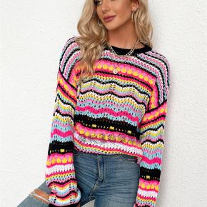 Round Neck New Patchwork Knitted Sweater Loose Intercolored Foreign Trade Crew-Neck Striped Sweater For Woman