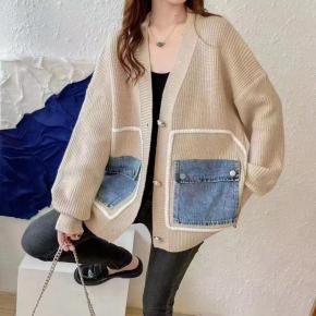 Autumn And Winter New Women's Versatile Sweater Women's Mid Length Denim Pocket Knitted Cardigan