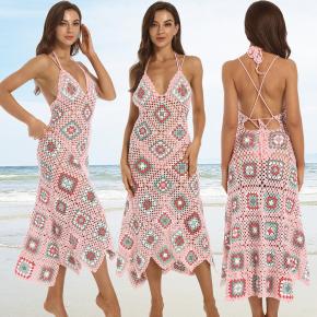 Fashion Backless Handmade Long Bohemian Cover Up Sexy Summer Beach Wear Woman Crochet Maxi Dress